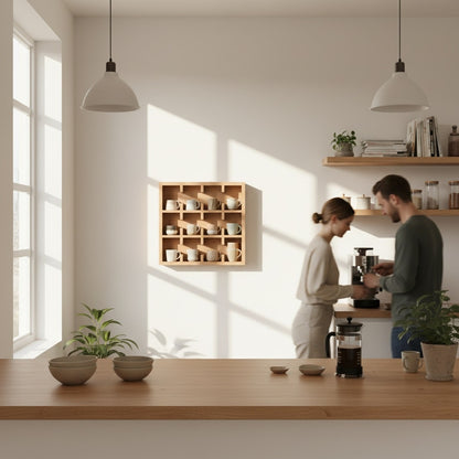 Nordic wooden mug organizer coffee tea rack in recycled Canadian pine for Scandinavian kitchen storage by A Good Life