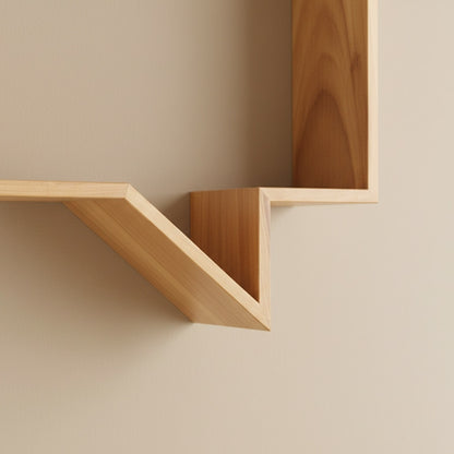 Nordic wooden quote shelf living room display in handcrafted pine for Scandinavian inspired accent wall decor