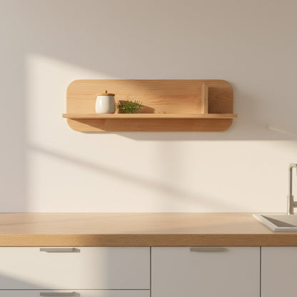 Nordic wooden wall shelf floating storage solution in solid pinewood for minimalist Scandinavian home decor