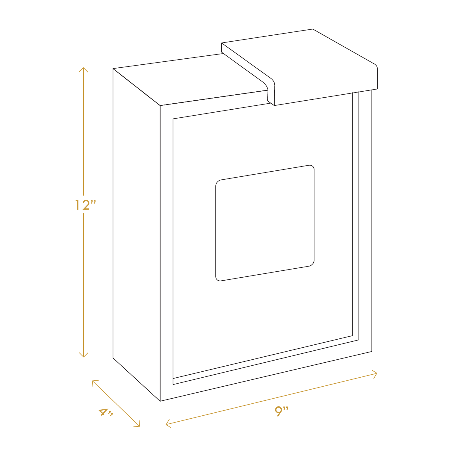 Line drawing of A Good Life pine pantry box with dimensions 12 by 9 by 4 inches