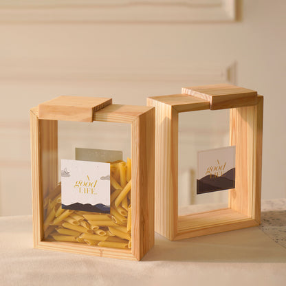 A Good Life pine pantry box made of clear acrylic and natural pine wood for kitchen storage
