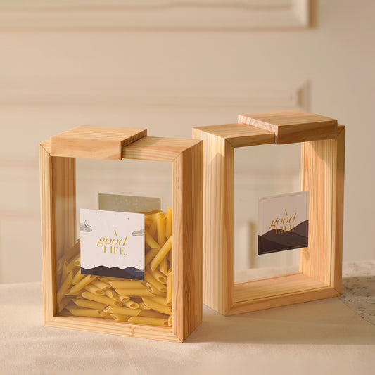 A Good Life pine pantry box made of clear acrylic and natural pine wood for kitchen storage