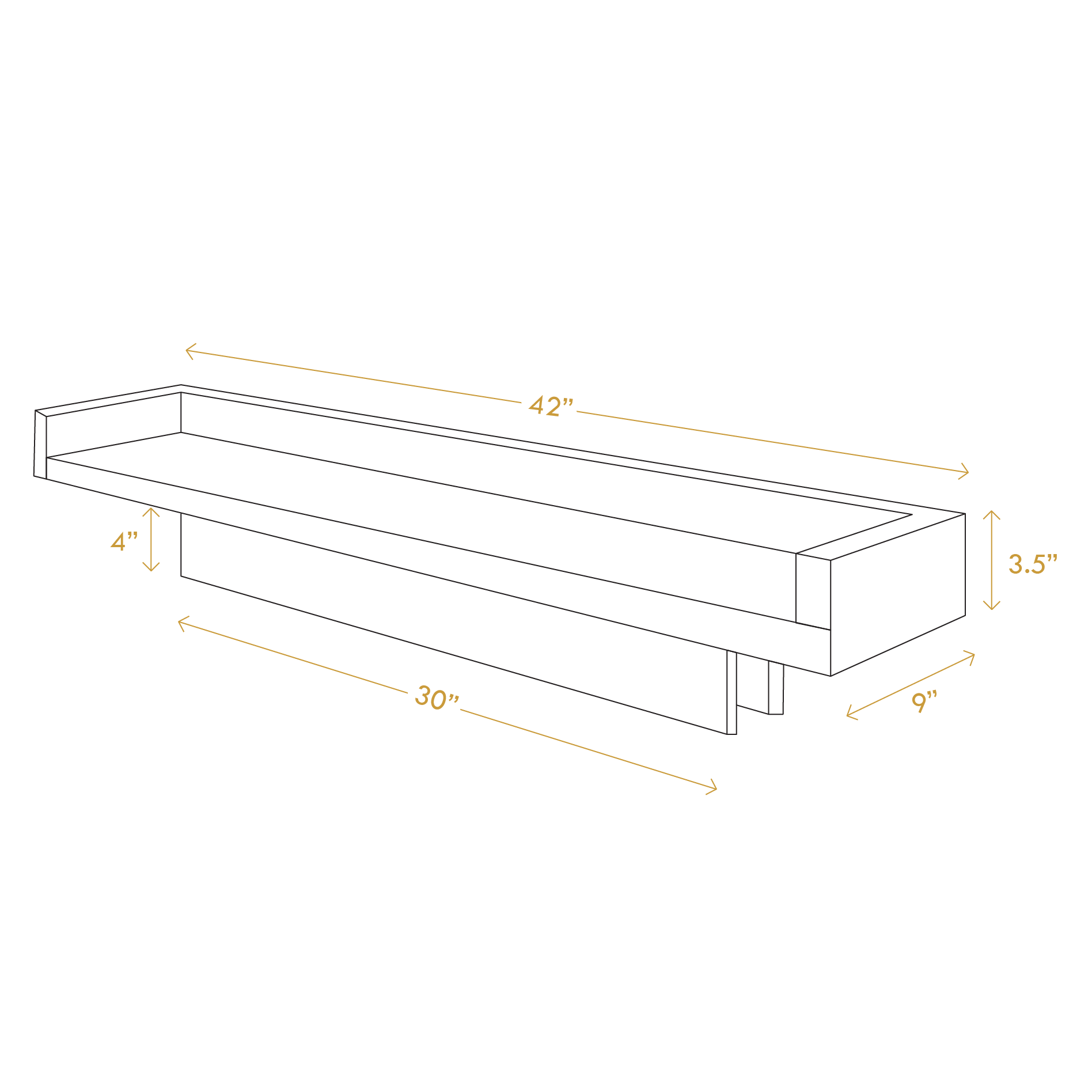 A Good Life pine wood balcony shelf line drawing with dimensions 42 by 9 by 3.5 inches