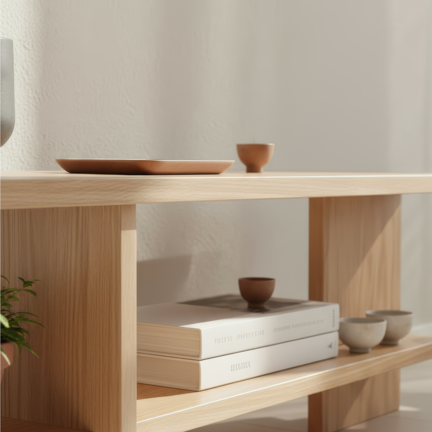 Minimalist Quiet console table side view showing natural wood grain and Nordic craftsmanship