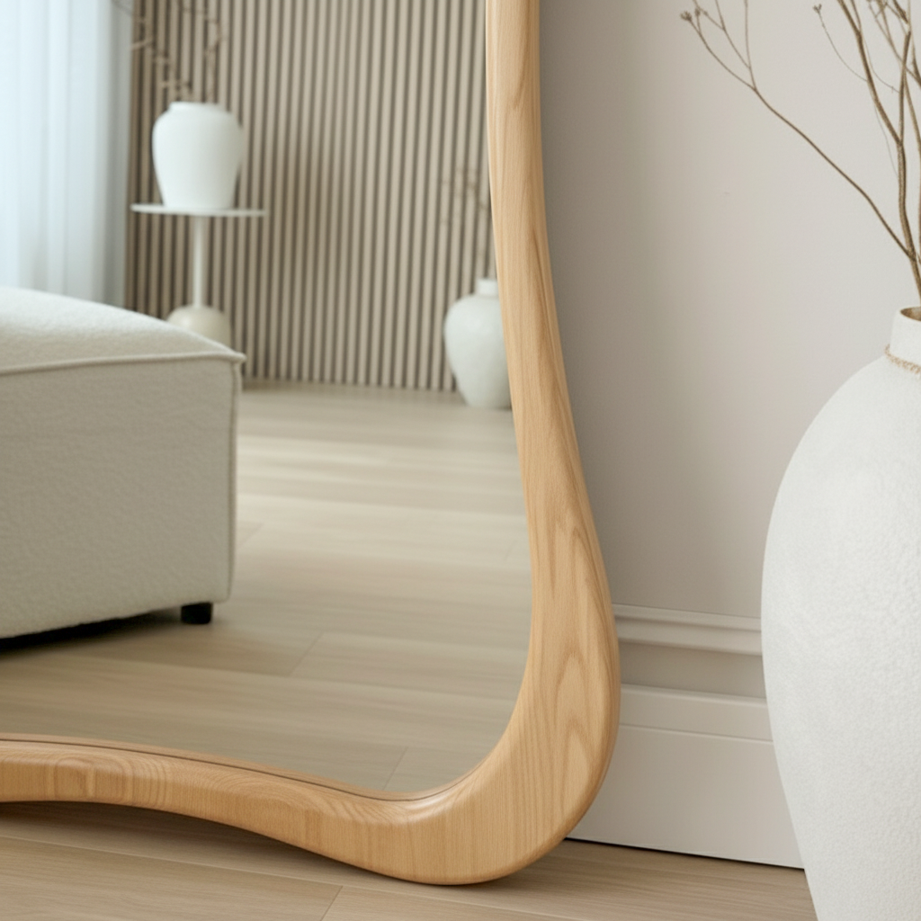 Scandinavian Celest wooden floor mirror with pampas grass decor in natural pine frame for modern home