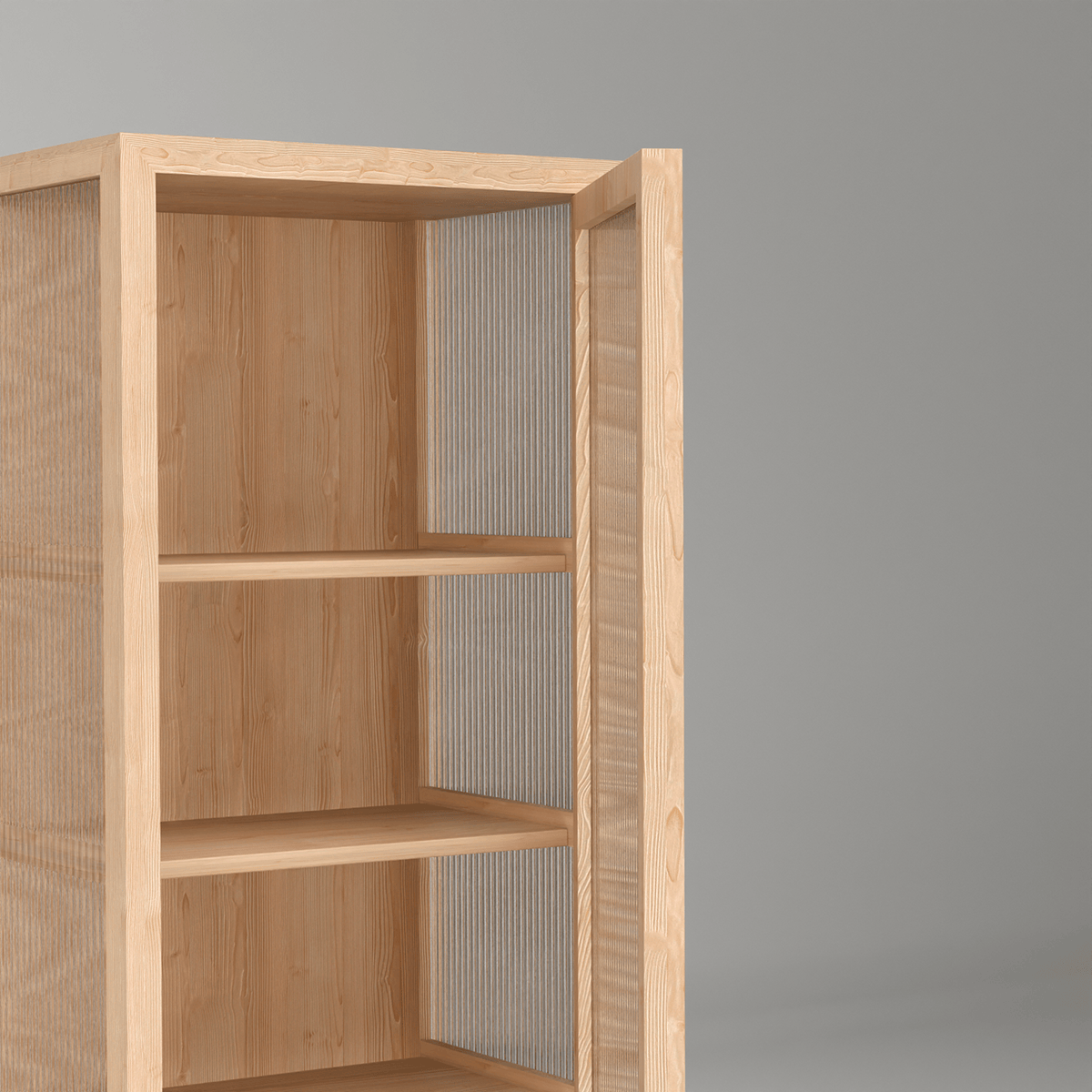 Scandinavian handcrafted art fluted glass cabinet in solid pine with elegant panels for luxury home display storage