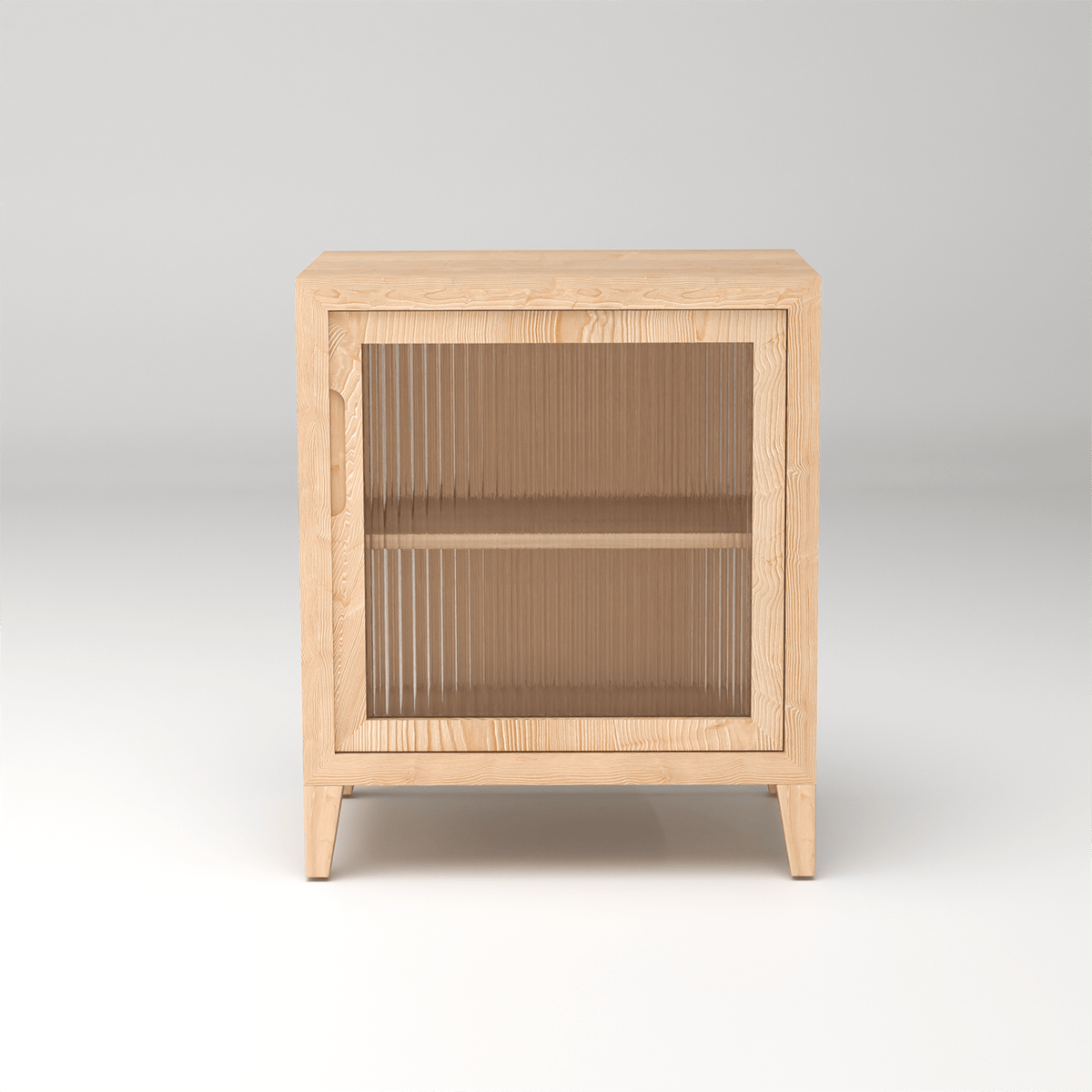 Scandinavian handcrafted fluted bedside table in premium pinewood with glass accents for Nordic inspired luxury furniture