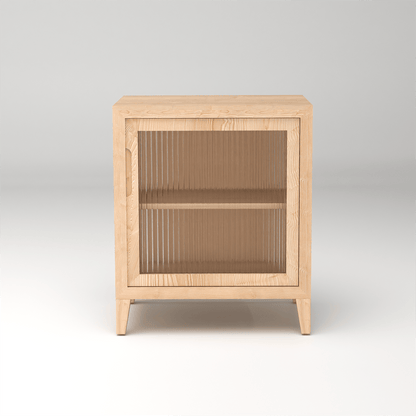 Scandinavian handcrafted fluted bedside table in premium pinewood with glass accents for Nordic inspired luxury furniture