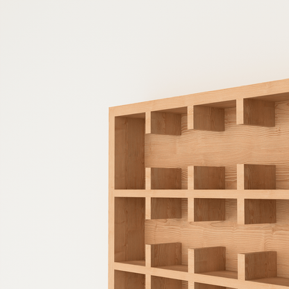 Scandinavian handcrafted mug organizer storage in recycled pine wood with grid design for sustainable kitchen decor