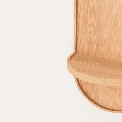 Scandinavian handcrafted round moon shelf storage in solid pine with lunar curves for Wabi-Sabi inspired wall decor