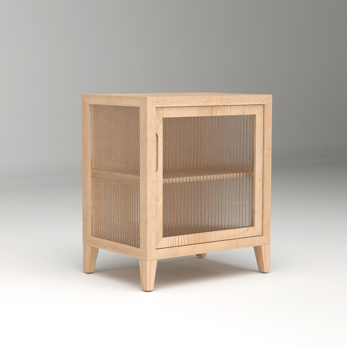 Scandinavian home fluted sidetable bedside storage in handcrafted pinewood with modern glass design for minimalist bedroom