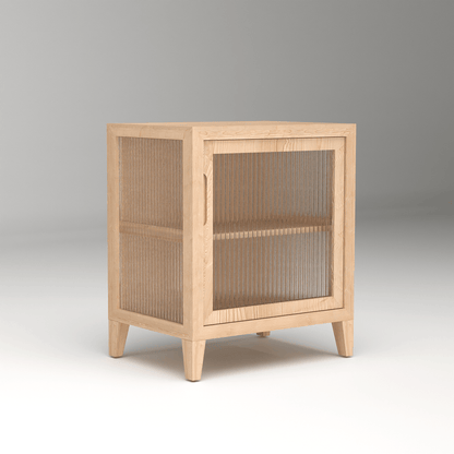 Scandinavian home fluted sidetable bedside storage in handcrafted pinewood with modern glass design for minimalist bedroom