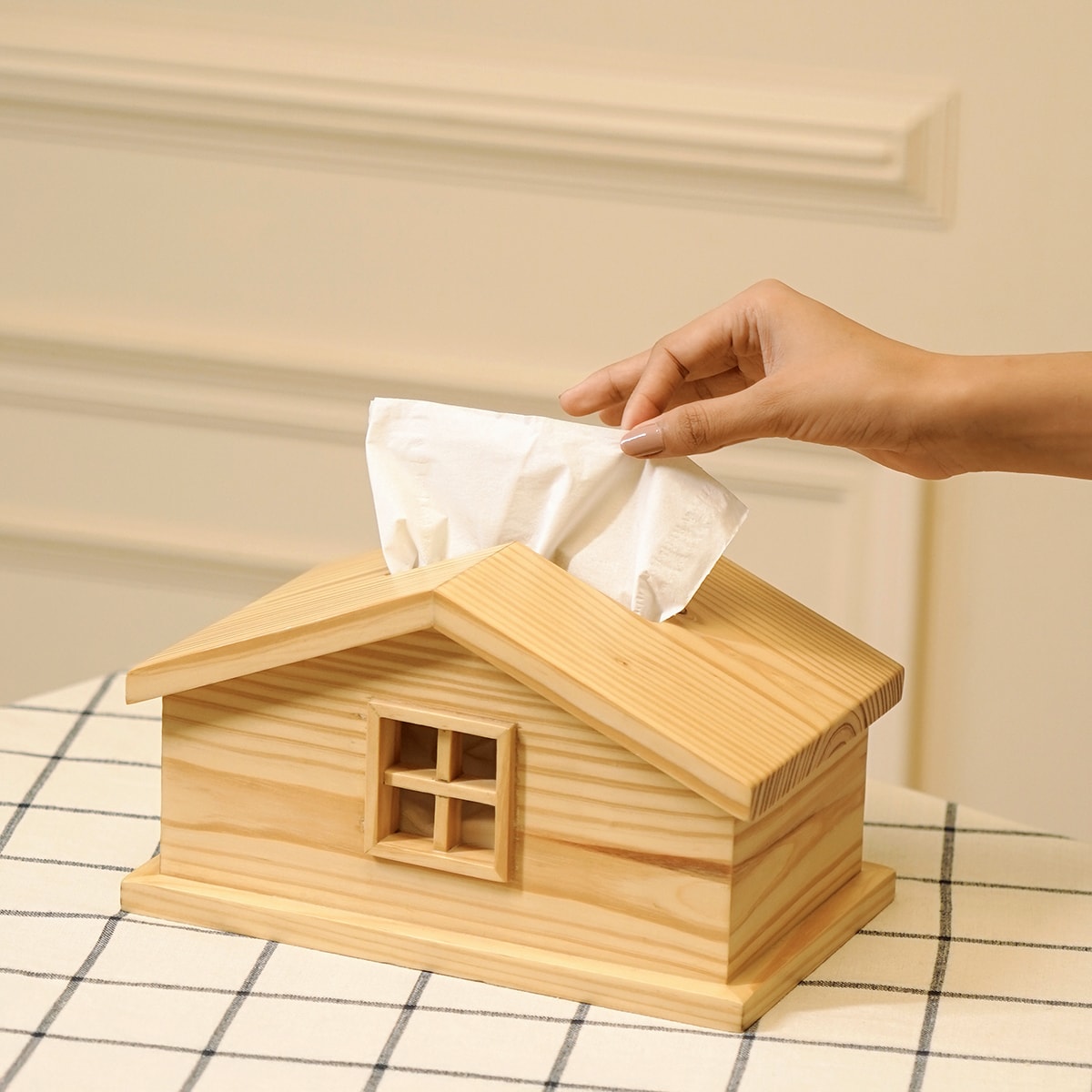 Scandinavian home wooden tissue box organizer in handcrafted pine with cabin design for minimalist living room decor