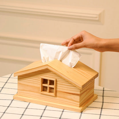 Scandinavian home wooden tissue box organizer in handcrafted pine with cabin design for minimalist living room decor