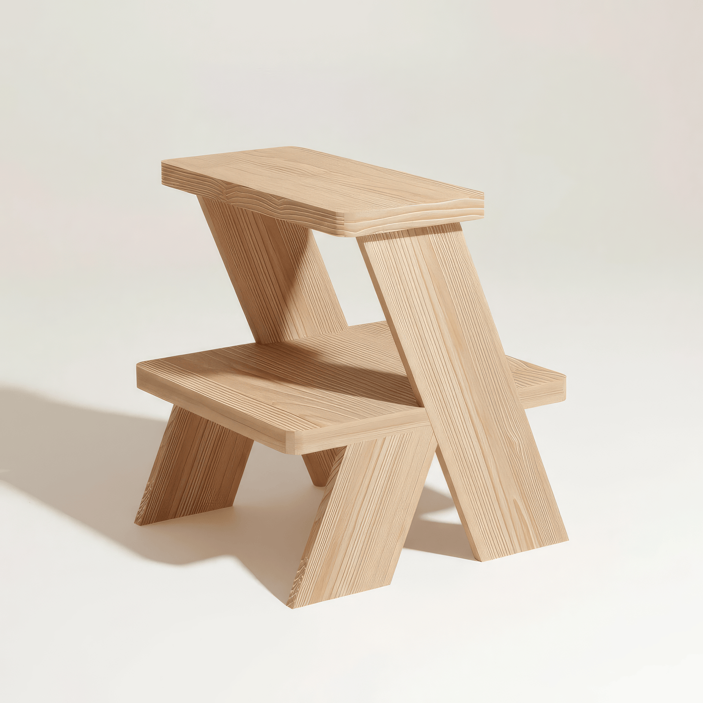 Scandinavian pine bedroom side table featuring Wabi-Sabi stepped silhouette and natural wood character