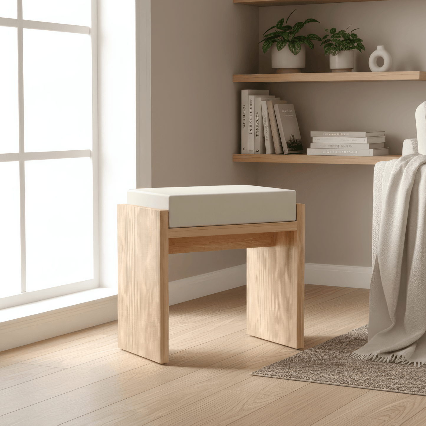 Scandinavian pine loom Nordic H stool with cushioned seat for minimalist home decor