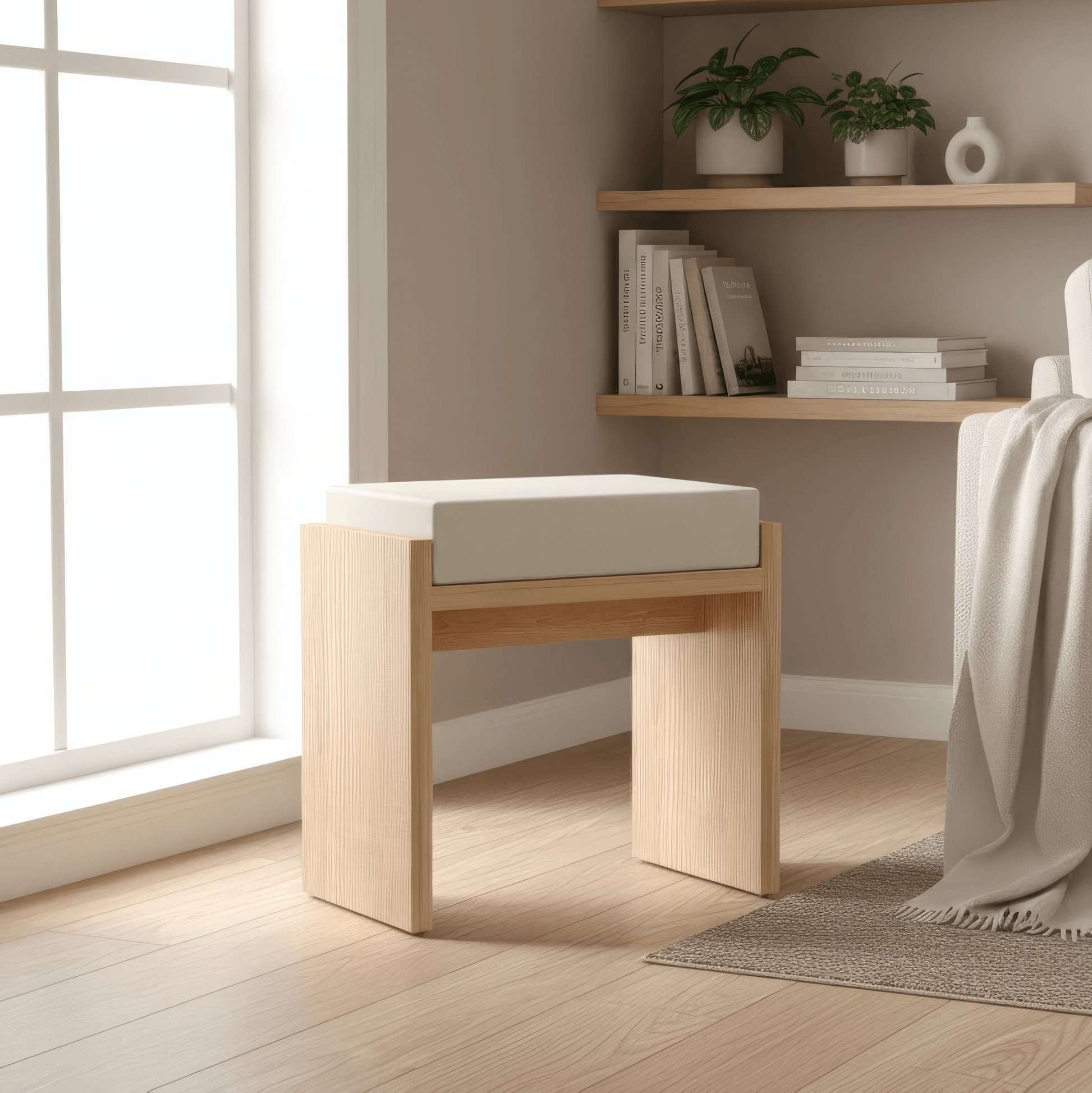 Scandinavian pine loom Nordic H stool with cushioned seat for minimalist home decor