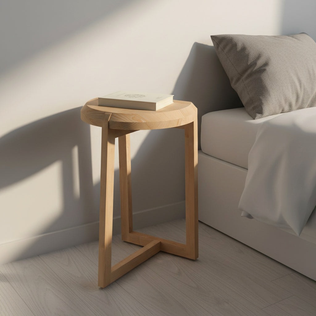 Scandinavian pine nesting side tables set with warm wood decor for modern living rooms