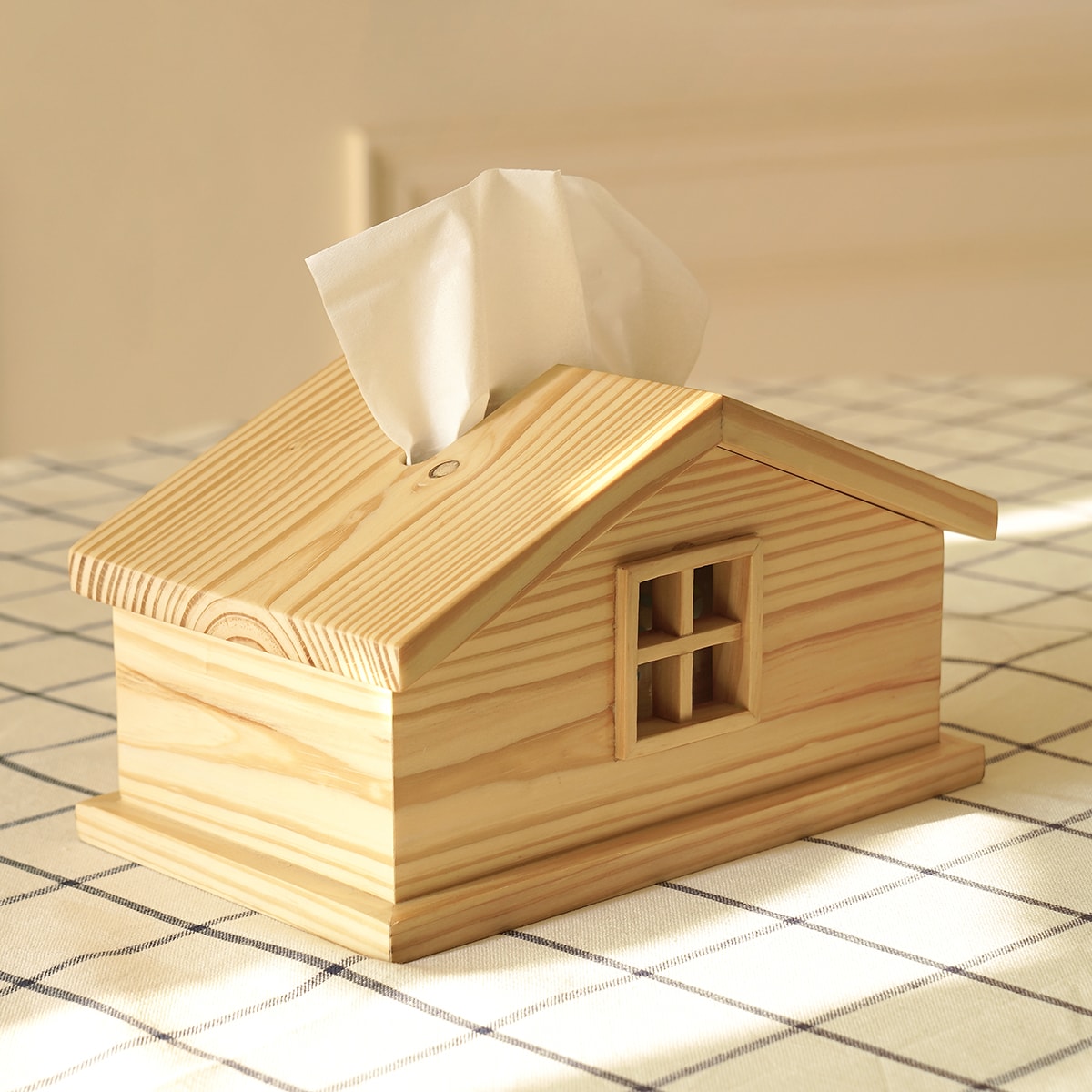 Scandinavian pine tissue box holder decor in natural wood with cabin house design for minimalist home organizer