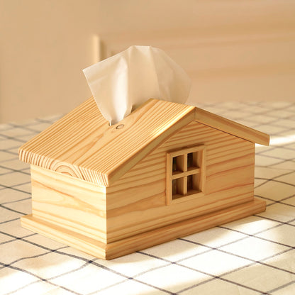 Scandinavian pine tissue box holder decor in natural wood with cabin house design for minimalist home organizer