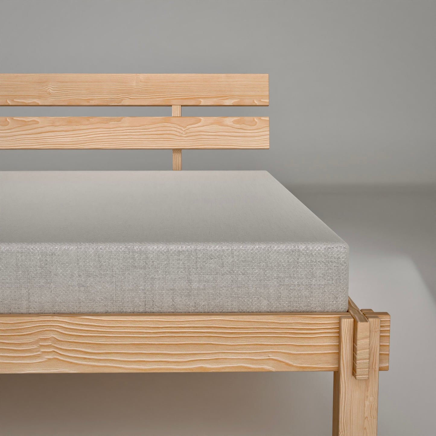 Scandinavian pinewood platform bed with headboard natural finish for modern minimalist bedroom design