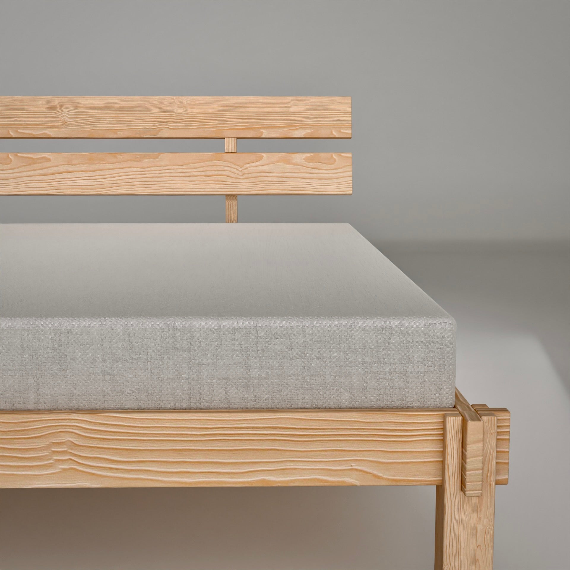 Scandinavian pinewood platform bed with headboard natural finish for modern minimalist bedroom design