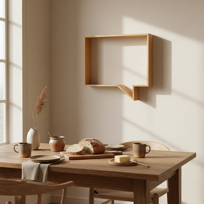 Scandinavian quote shelf floating display organizer in natural pinewood with Wabi-Sabi design for modern living room