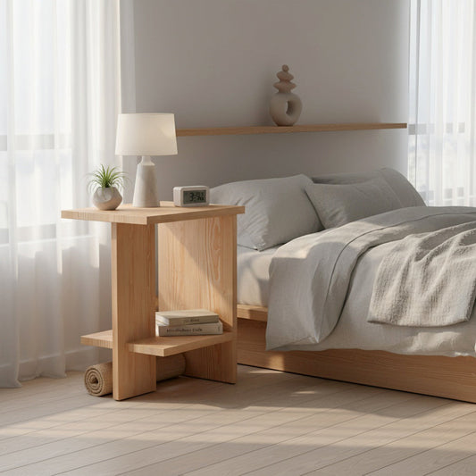 Scandinavian wooden Quiet bedside table with open shelf storage and natural pine finish