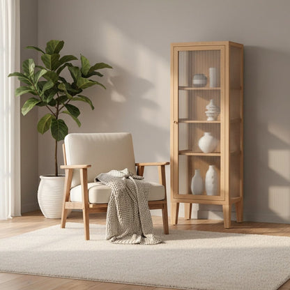 Scandinavian wooden fluted glass art cabinet in solid pinewood for luxury Nordic living room display storage by A Good Life