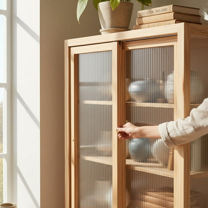 Scandinavian wooden fluted glass display cabinet - luxury furniture piece with natural pinewood finish