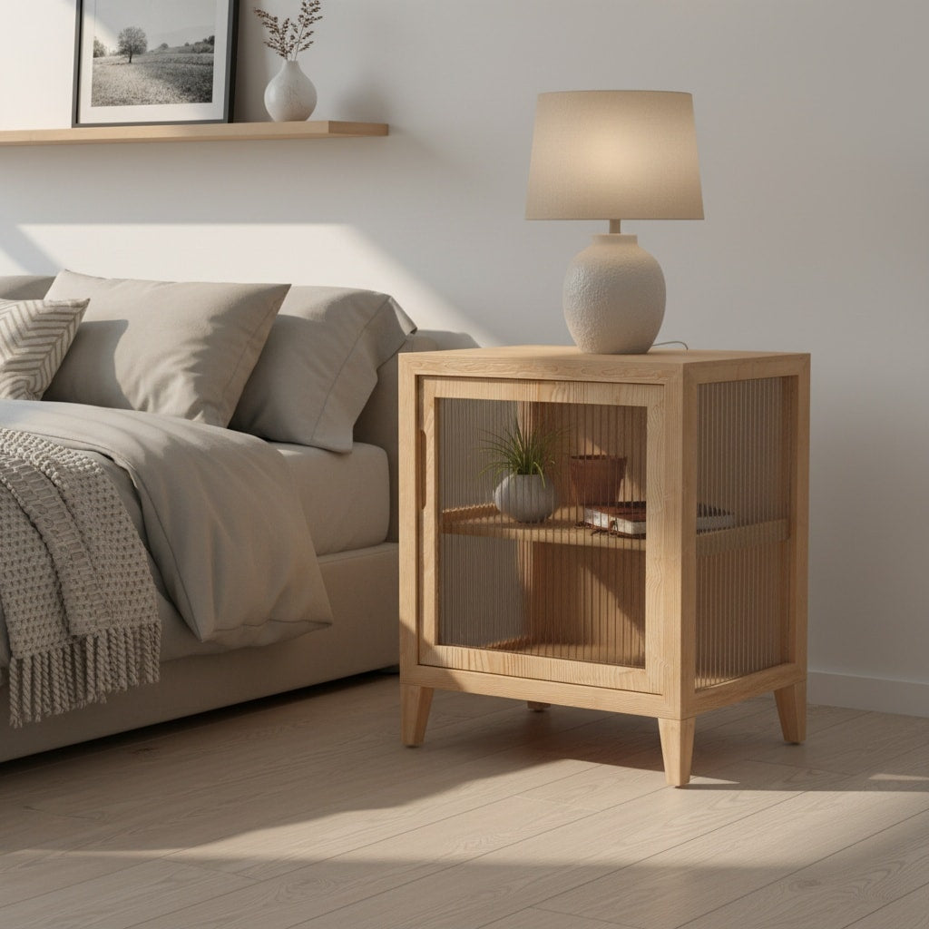 Scandinavian wooden fluted sidetable nightstand in natural pine with fluted glass panels for contemporary bedroom storage