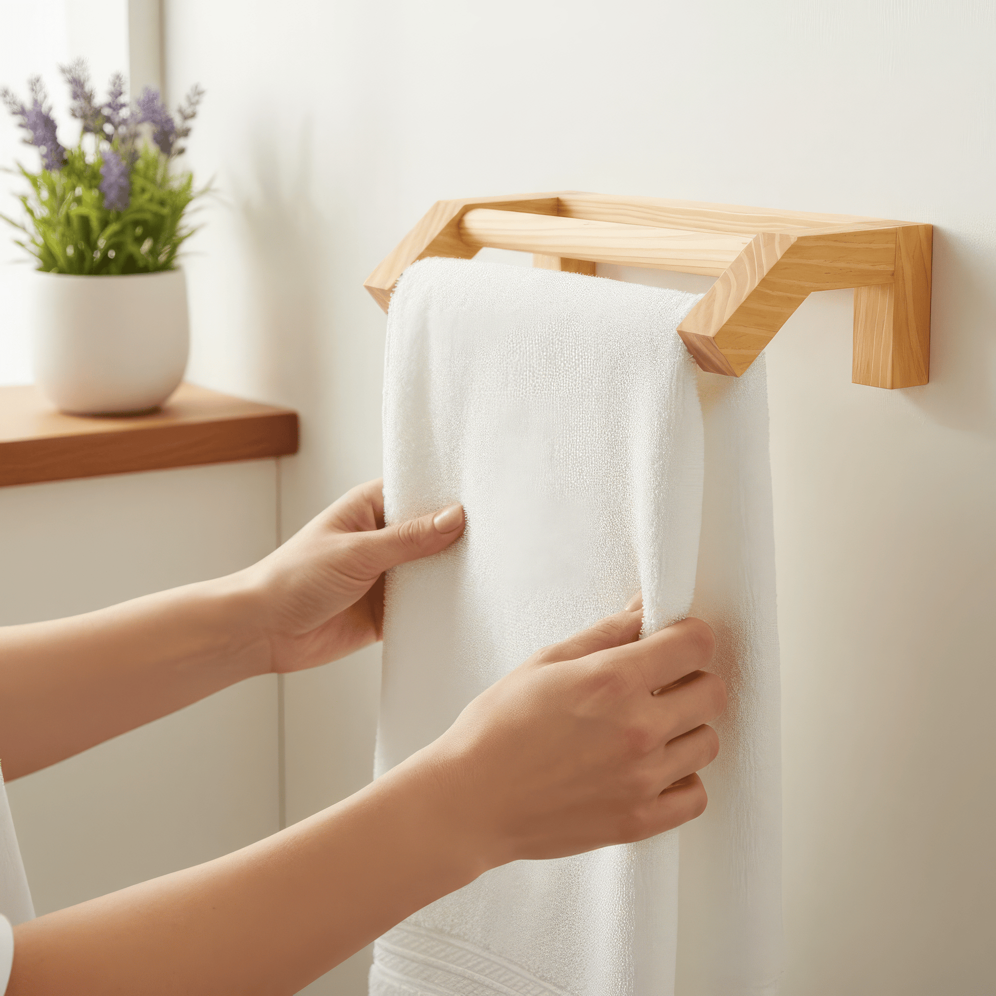 Scandinavian wooden hand towel rack holder in reclaimed Canadian pine for modern minimalist kitchen and bathroom