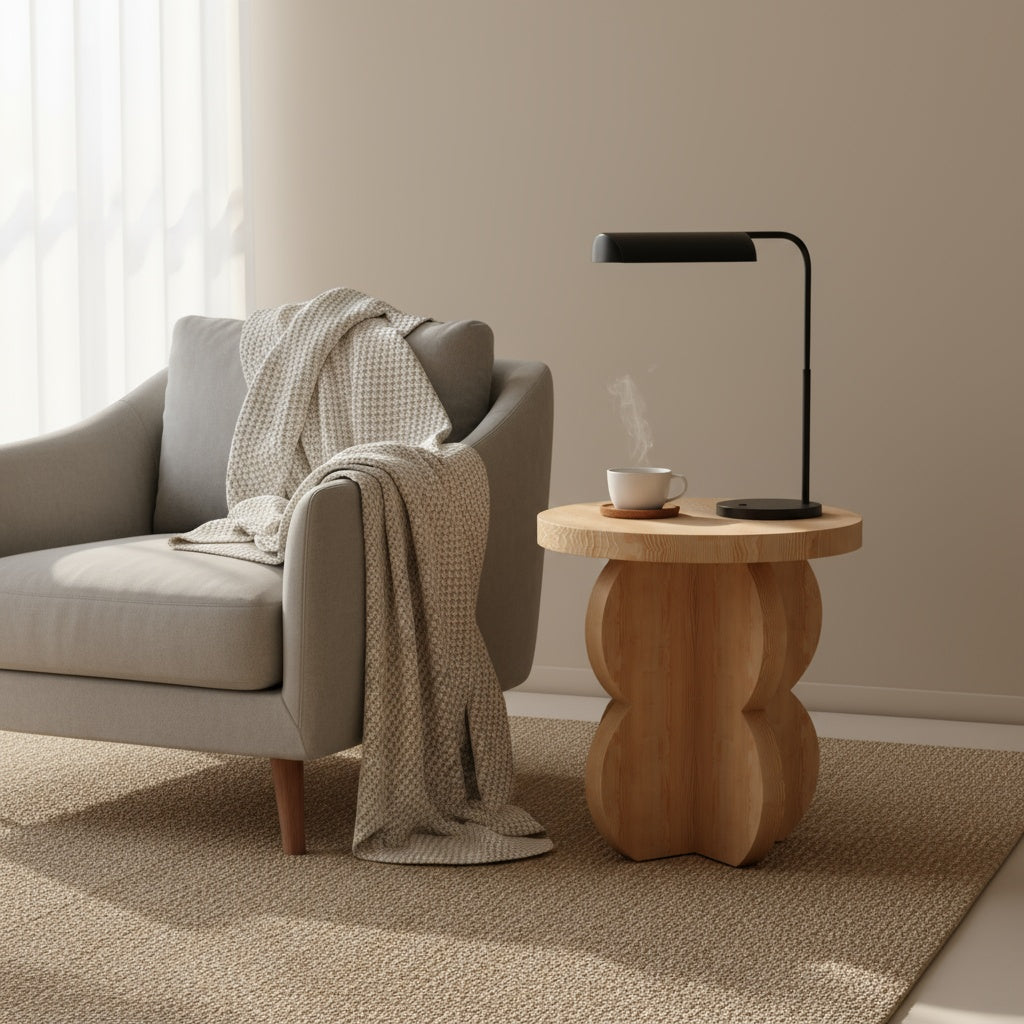 Scandinavian wooden Hustle bedside table with storage in solid pine for minimalist bedroom furniture and decor