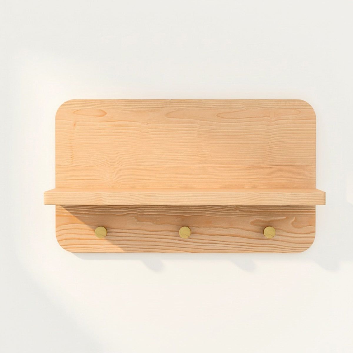 Scandinavian wooden key shelf for entrance hallway with natural pine finish and minimalist style