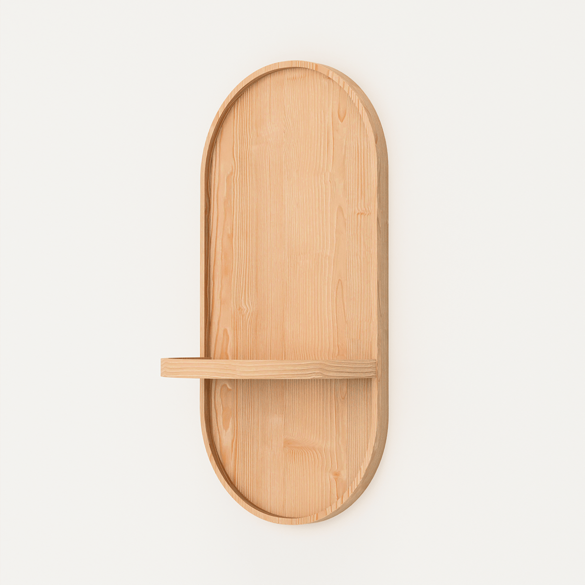 Scandinavian wooden moon shelf floating display in Canadian pine with natural grain for minimalist bedroom organizer