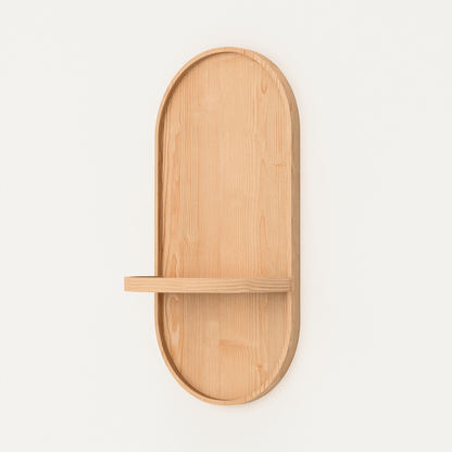 Scandinavian wooden moon shelf floating display in Canadian pine with natural grain for minimalist bedroom organizer