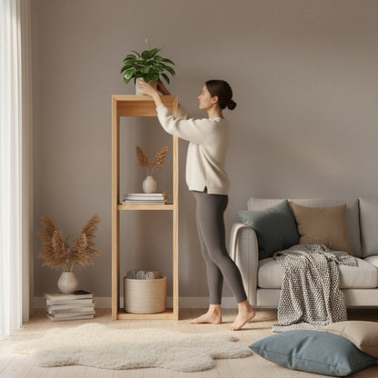 Scandinavian wooden stand with natural pine for home decor storage and display by A Good Life