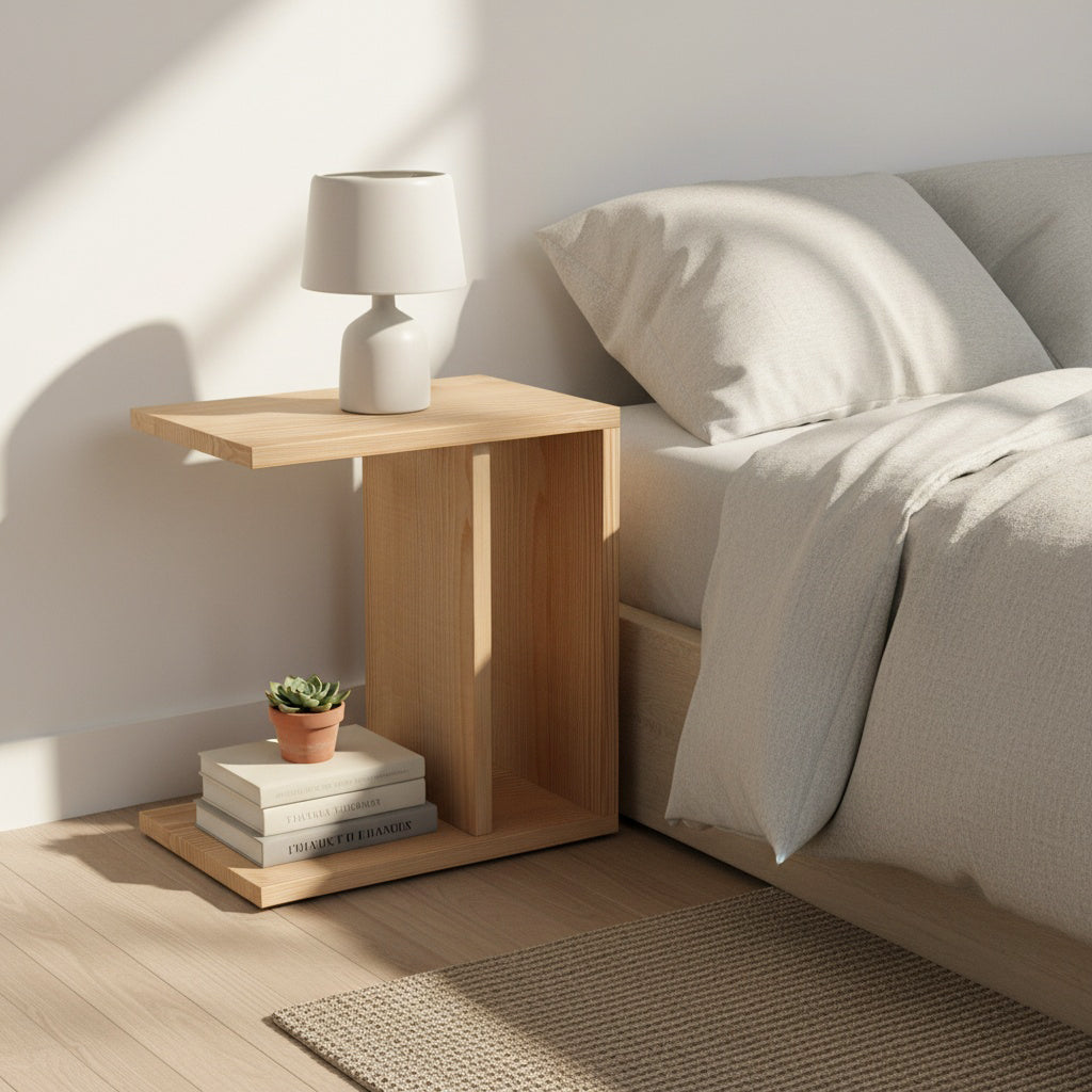 Scandinavian wooden Still nightstand with natural pine finish and minimalist bedroom storage design by A Good Life