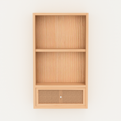 A Good Life solid wood multipurpose shelf with two open compartments and a bottom drawer