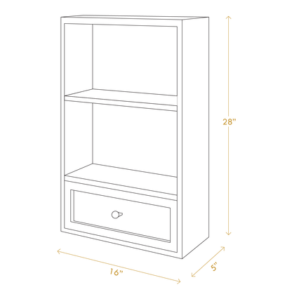 A Good Life solid wood multipurpose shelf with two open compartments and one drawer measuring 28 by 16 by 5 inches