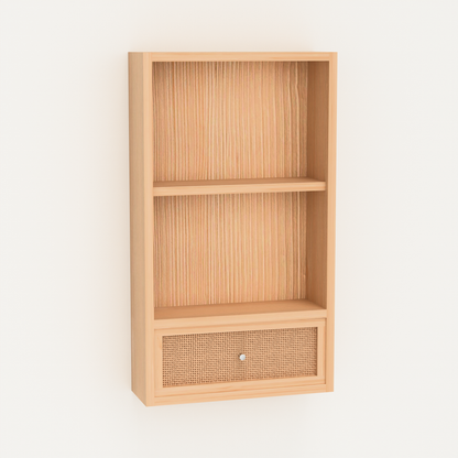 A Good Life solid wood multipurpose shelf with natural finish and a lower woven drawer