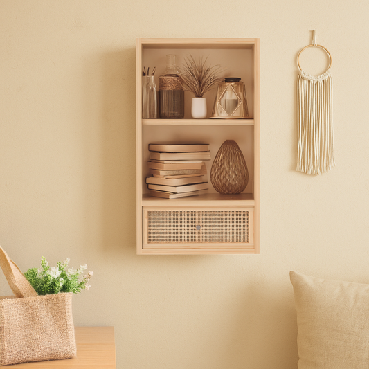 A Good Life solid wood multipurpose shelf mounted on a beige wall with decorative items and books