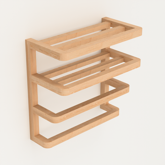 A Good Life solid wood towel rail for bathroom with three-tier natural wood design mounted on wall