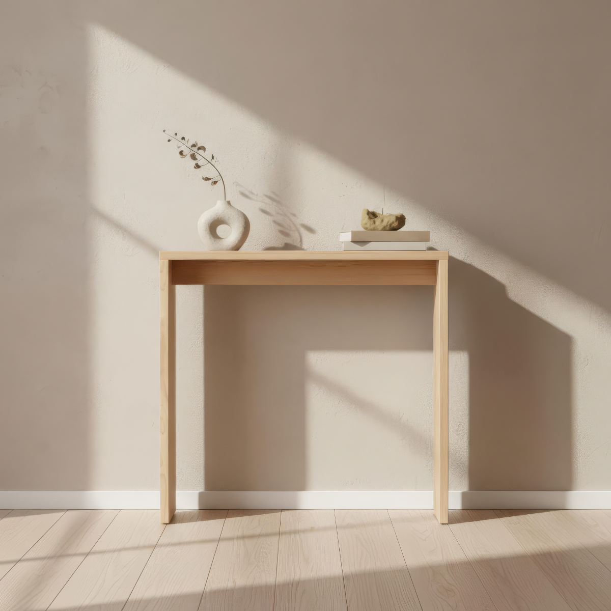 Narrow hallway console table in solid pinewood with minimalist Scandinavian design for small entryway spaces