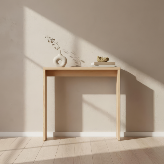 Narrow hallway console table in solid pinewood with minimalist Scandinavian design for small entryway spaces