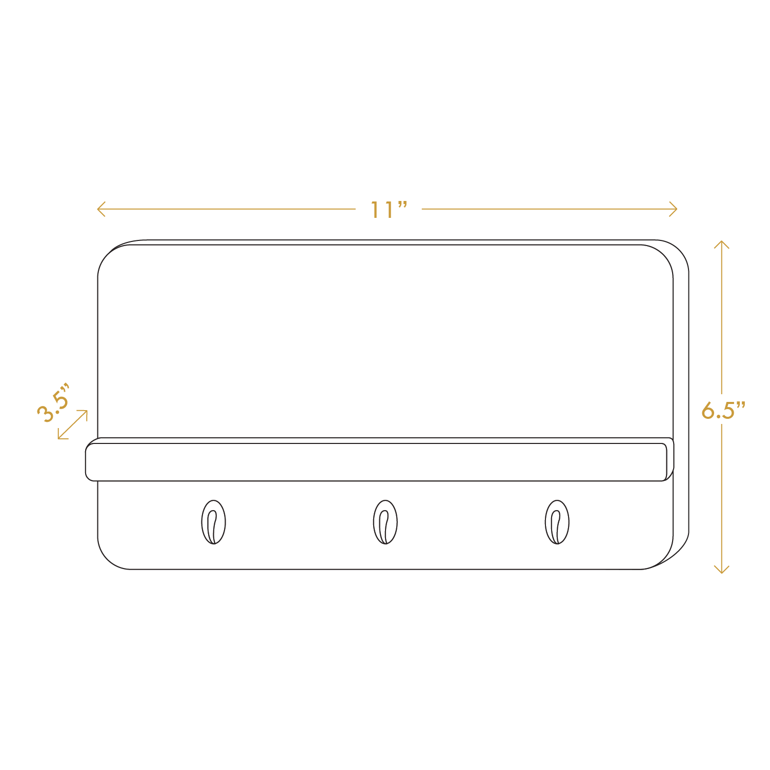 A Good Life minimalist key shelf with three hooks and a small shelf in white, dimensions 11 by 6.5 inches