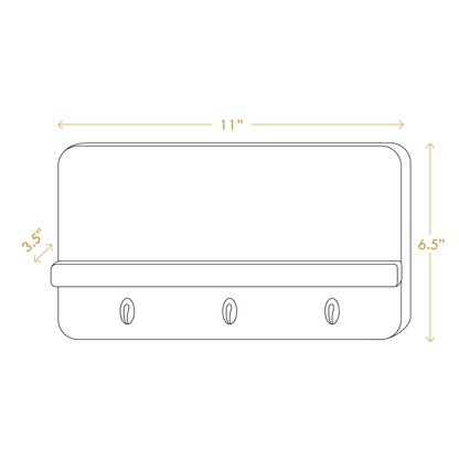 A Good Life minimalist key shelf with three hooks and a small shelf in white, dimensions 11 by 6.5 inches