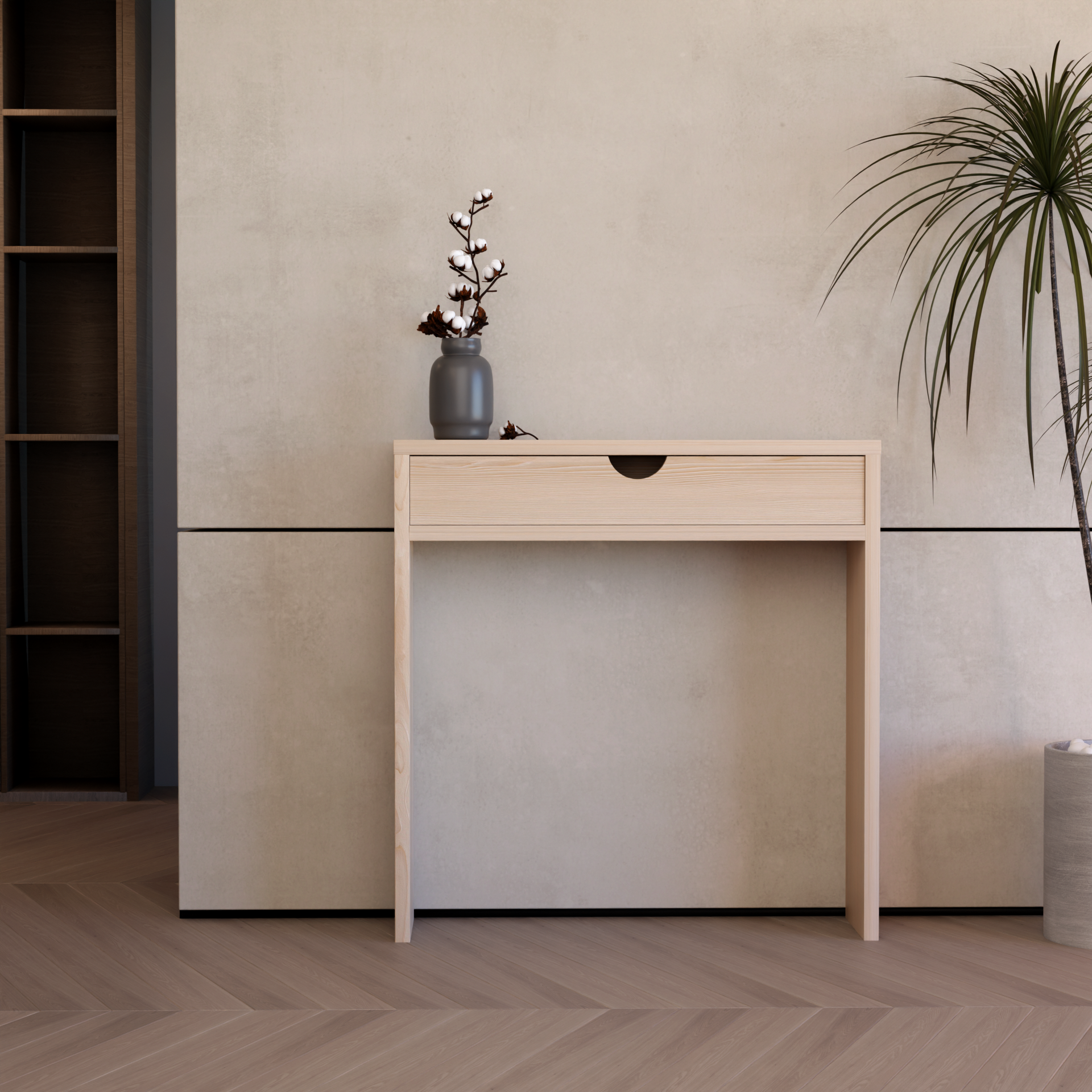 Minimalist pinewood air console with single drawer and decorative vase on top in modern room
