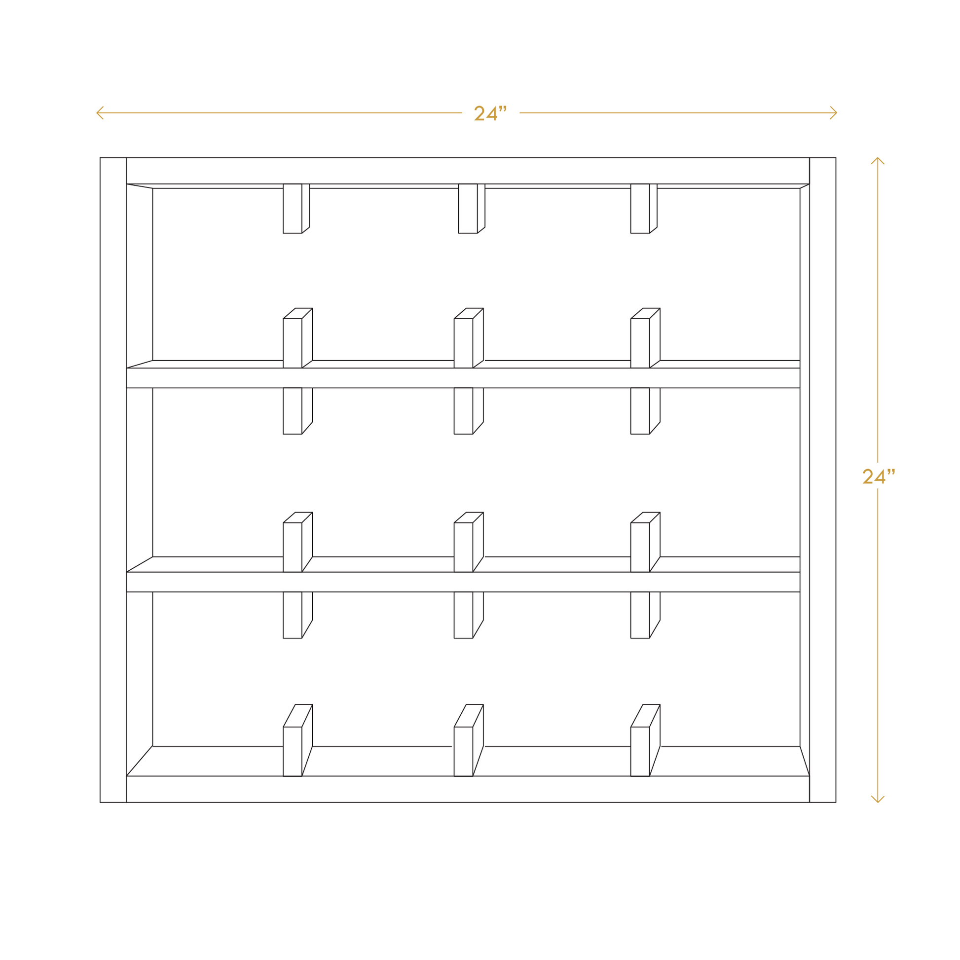 Minimalist wooden mug rack with three shelves and twelve hooks measuring 24 by 24 inches