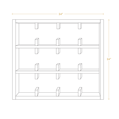 Minimalist wooden mug rack with three shelves and twelve hooks measuring 24 by 24 inches